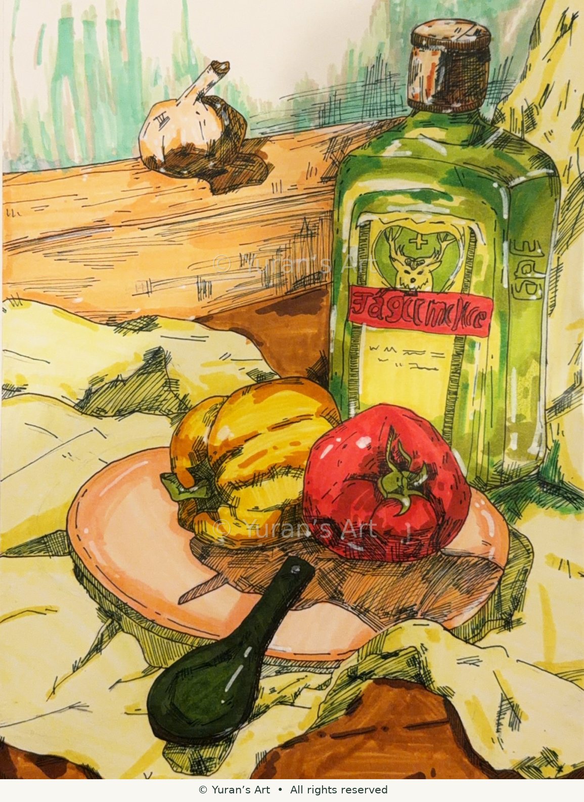 A still life with a bottle, peppers, and kitchen objects.