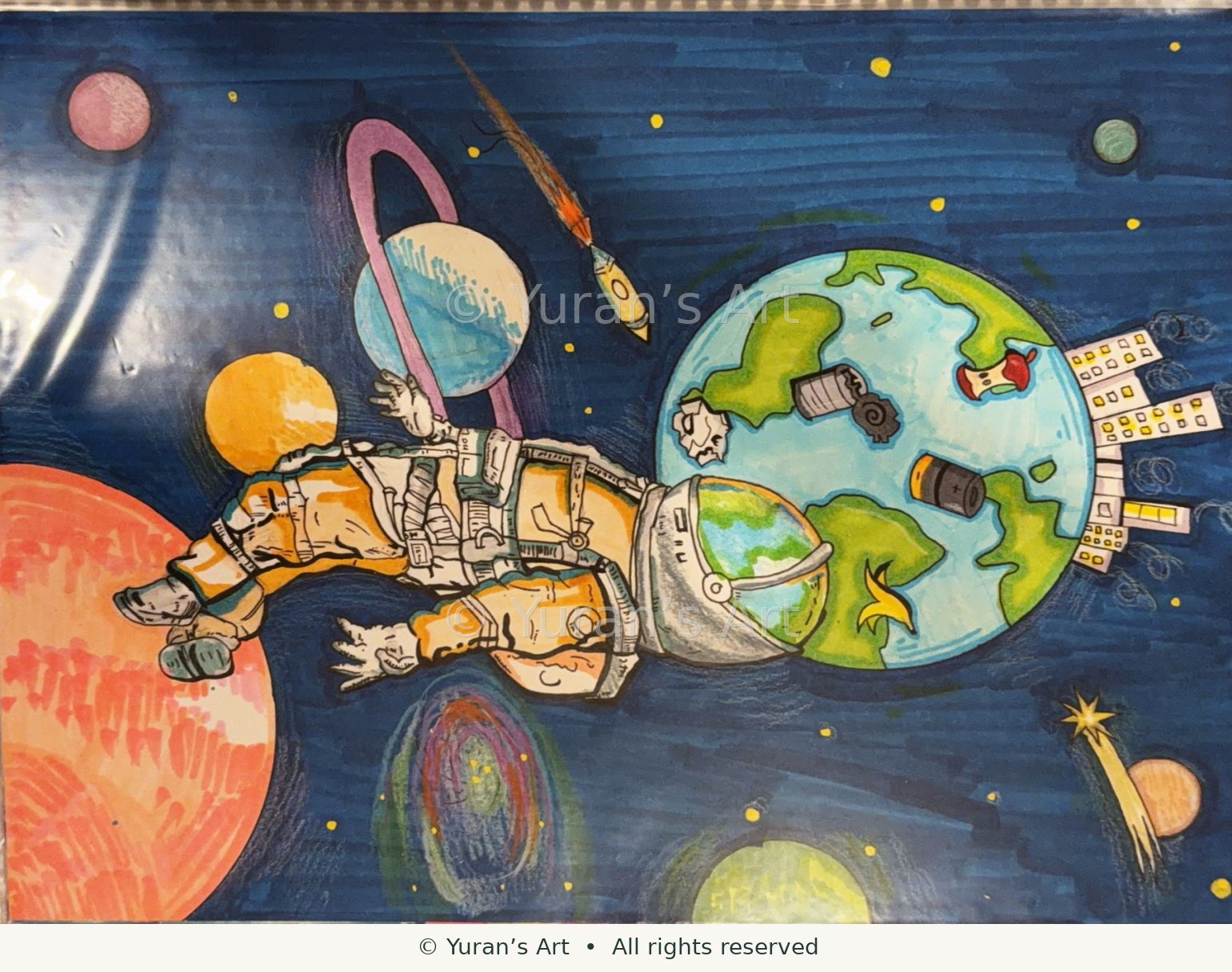 An imaginative space scene with an astronaut and planet Earth.