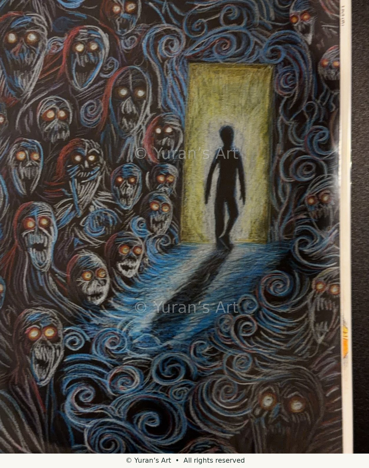 A dark, swirling blue composition surrounding a figure in a doorway.