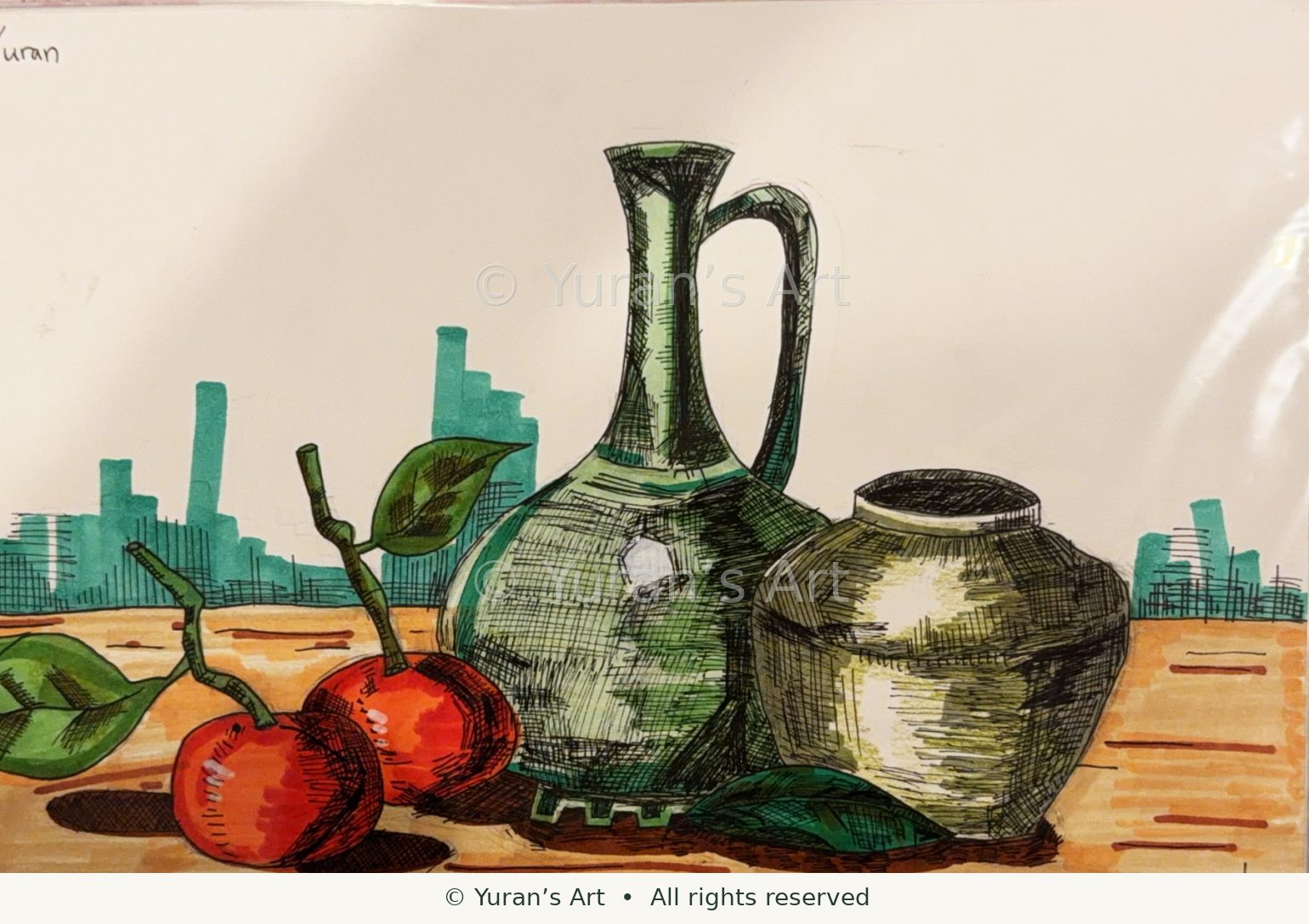 Green vessels and fruit arranged on a table.