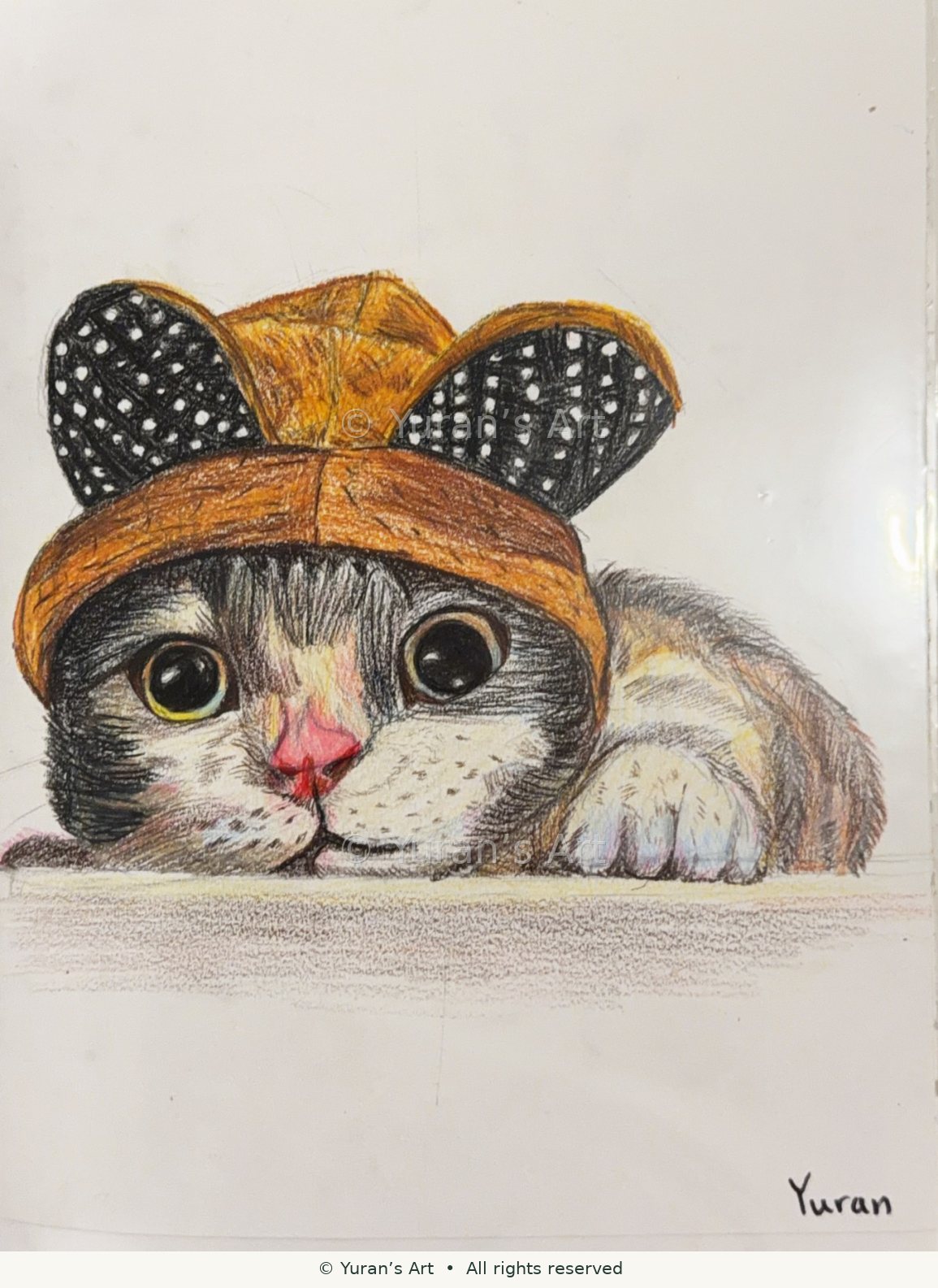 A kitten wearing a small hat and peeking over an edge.