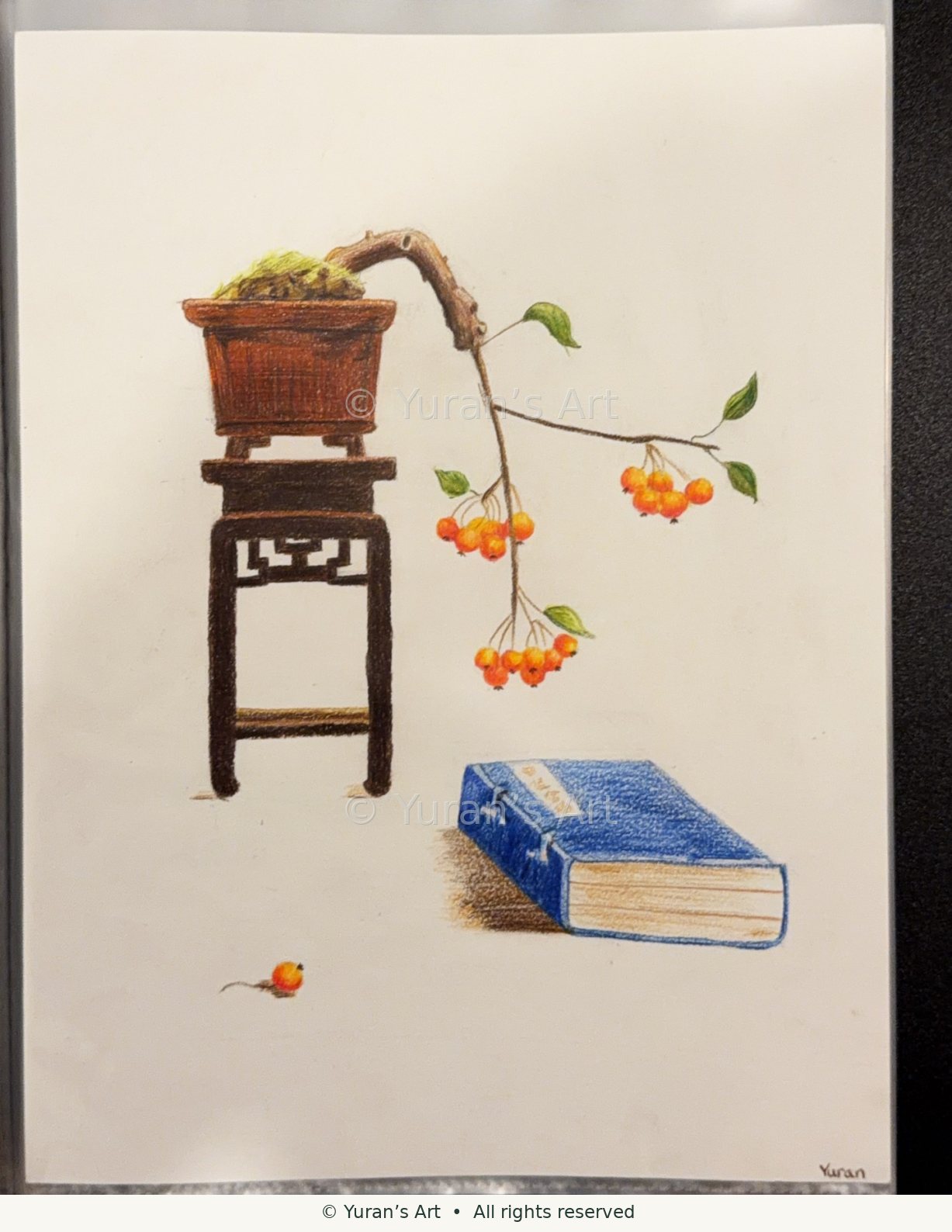 A small bonsai tree on a stand beside a blue book.