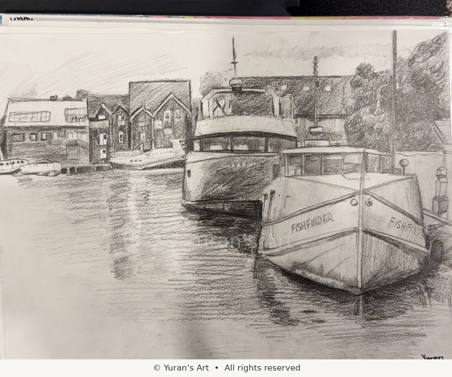 A harbor scene with moored boats and waterfront buildings.