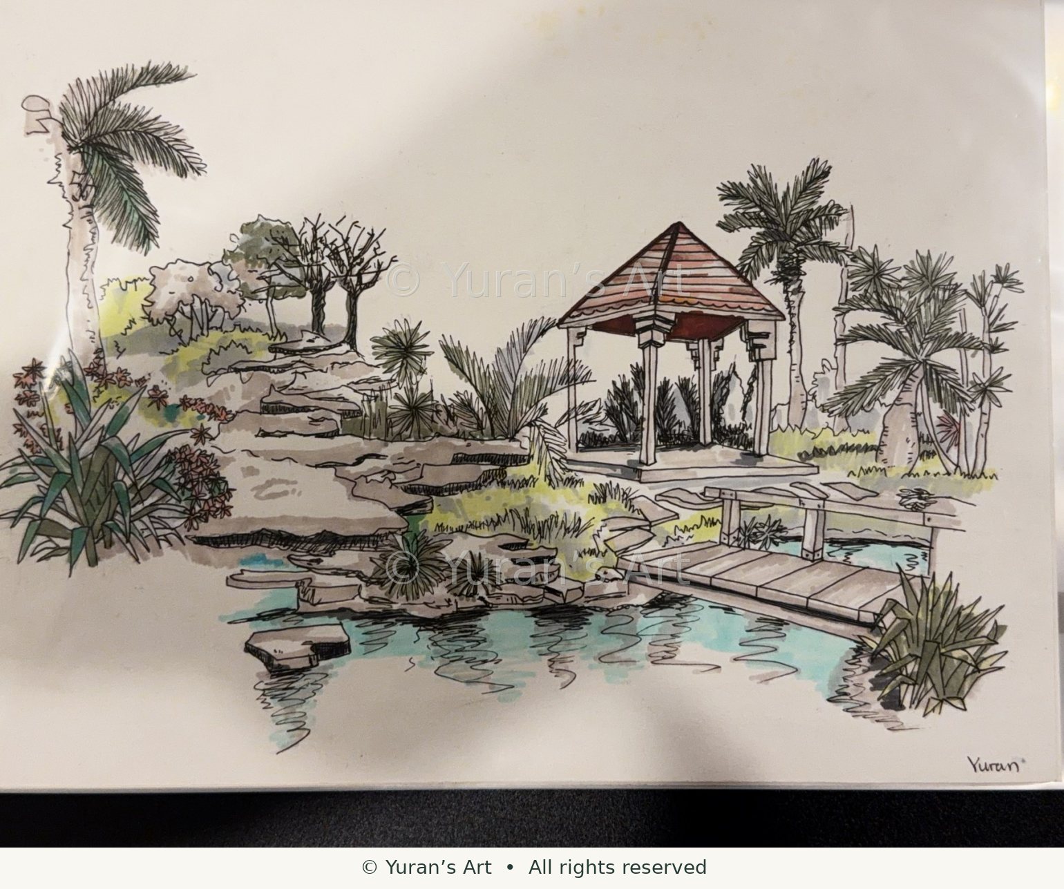 A garden with a pavilion, pathways, and plants.