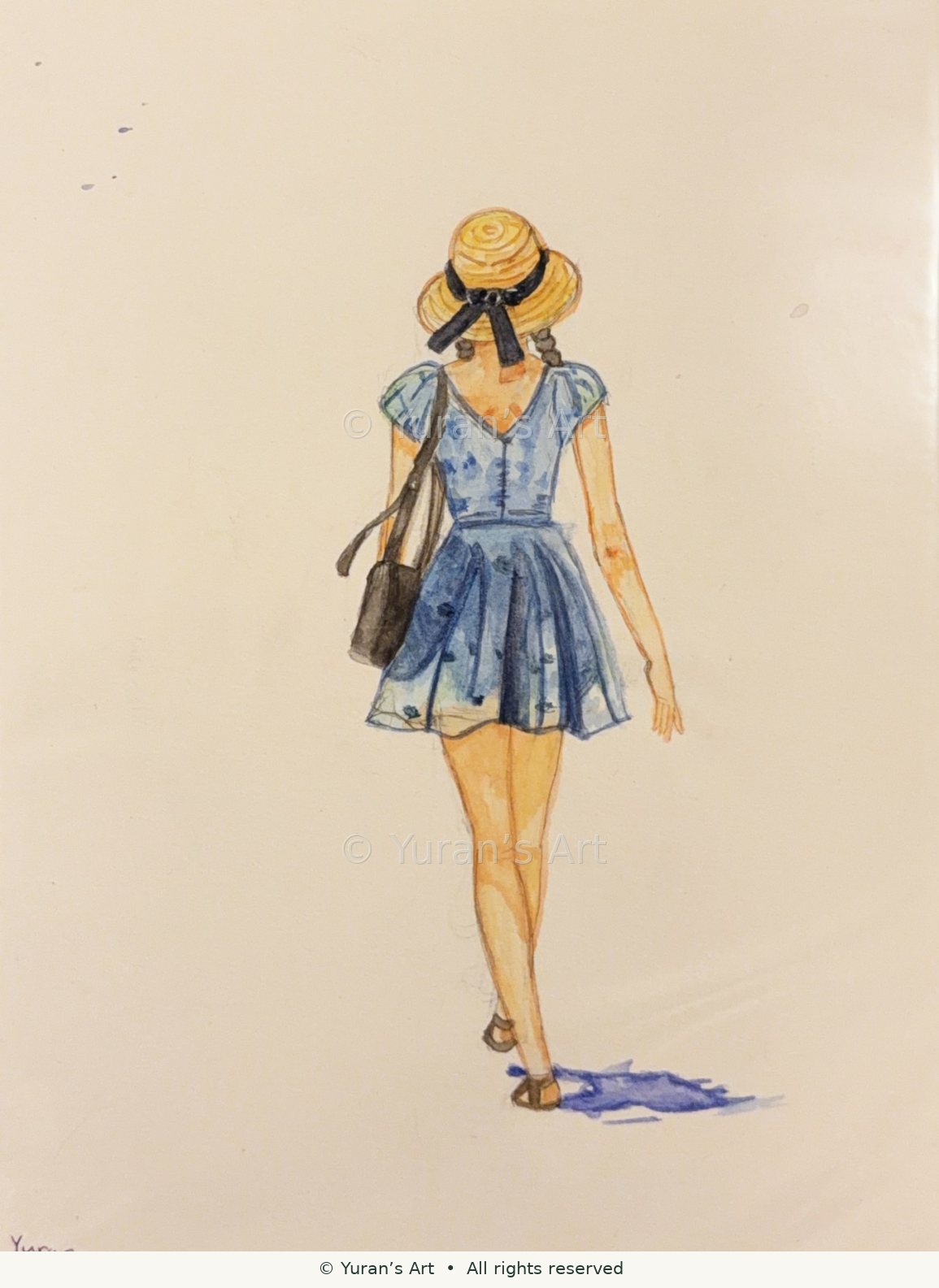 A figure in a blue dress and sunhat walking away.