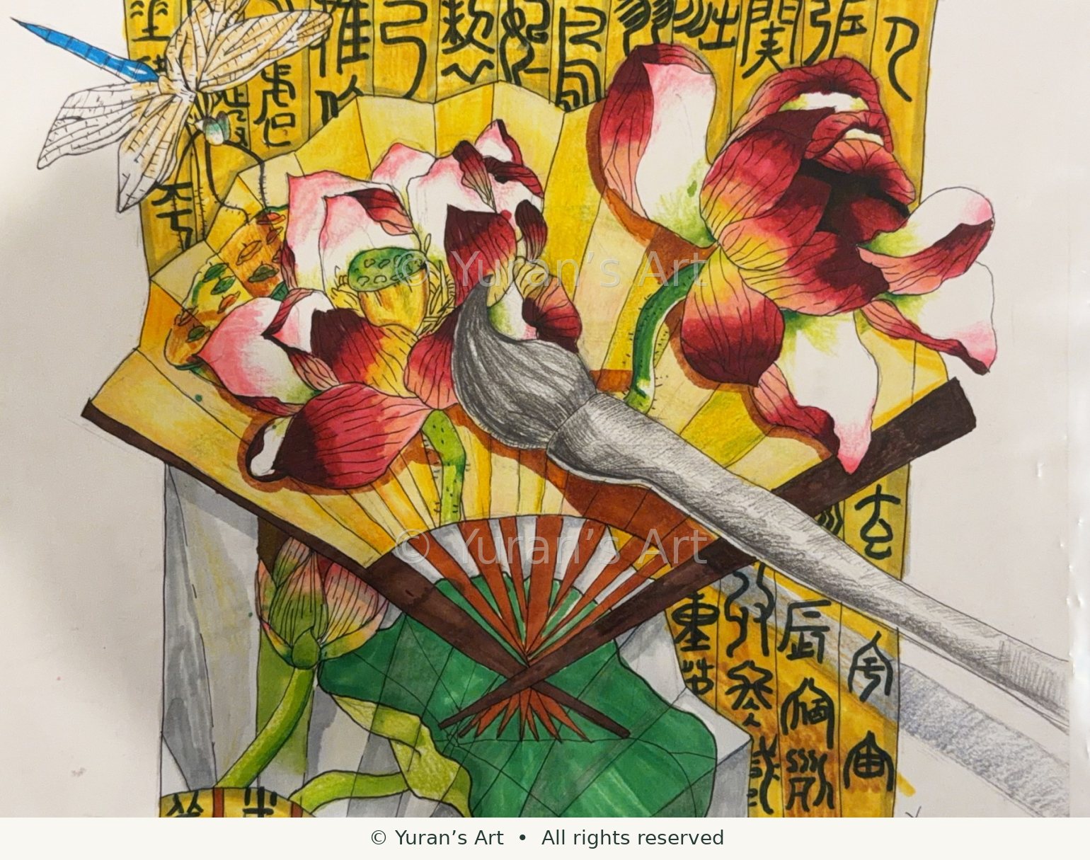 Lotus flowers and leaves arranged with a decorative fan.