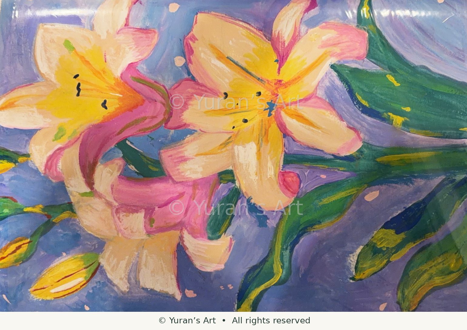 Expressive yellow and pink lilies against colorful foliage.
